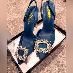 Denim sling back pumps with clear heel